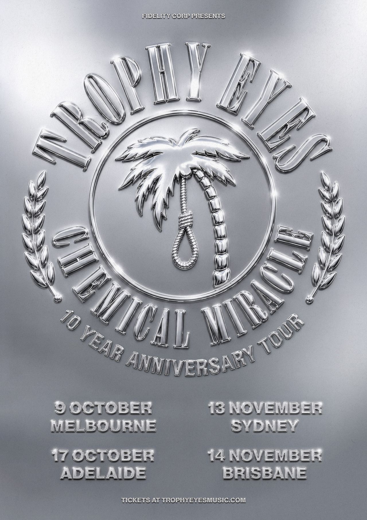 Trophy Eyes Chemical Miracle 10 Year Anniversary Tour poster with metallic design, palm tree logo, and Australian show dates.